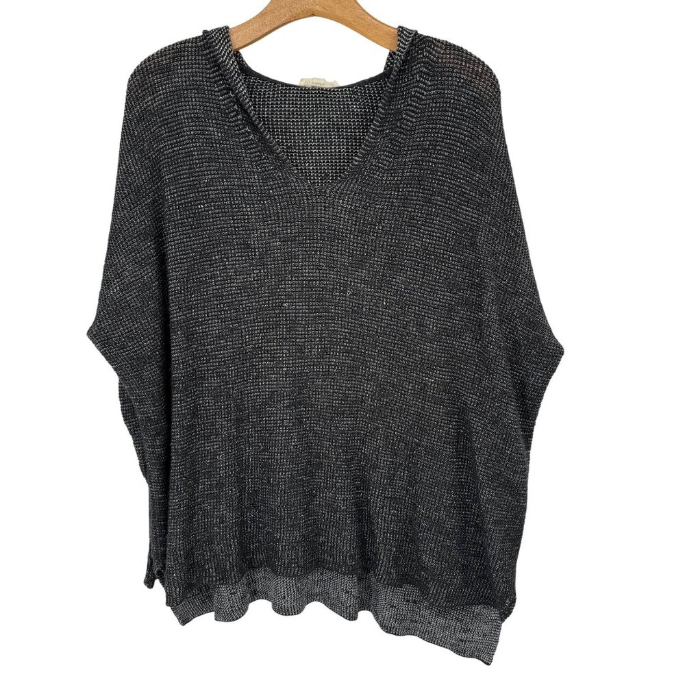 Eileen Fisher Womens V-Neck Sweater Poncho Linen Cotton Gray size large hooded.